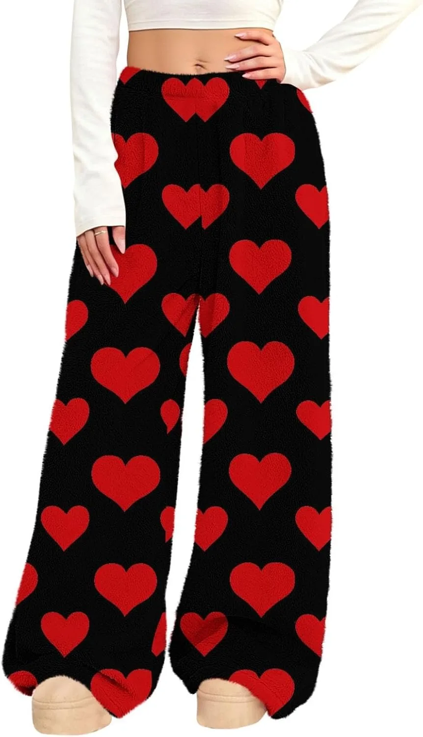 Generic Женские пижамные штаны Fuzzy Valentines с принтом в виде сердечек, широкие, меховые, фланелевые