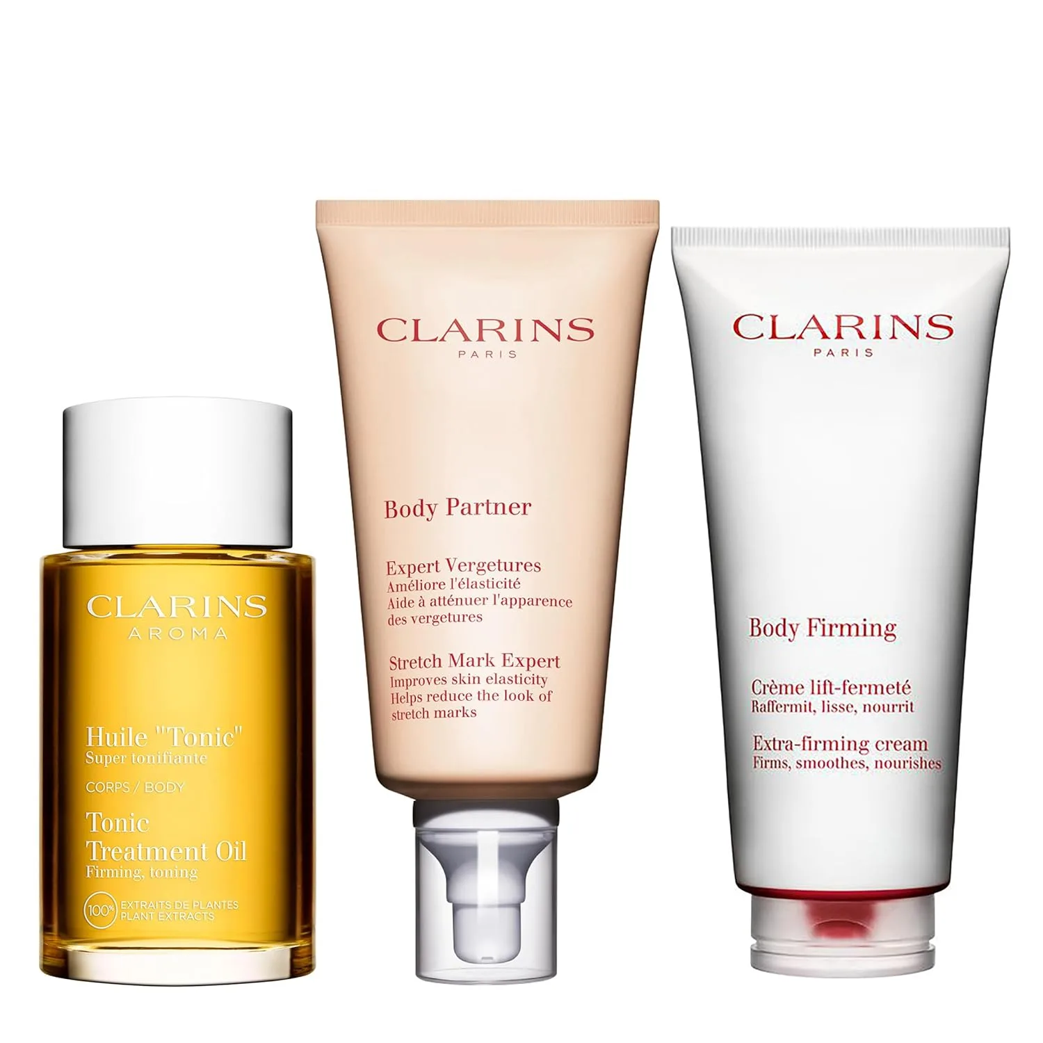 Набор Clarins Tonic Body Treatment Oil, Body Partner Stretch Mark Expert и Extra-Firming Body Cream | Масло от растяжек | Крем от растяжек для беременных | Омолаживающий лосьон для тела, Green