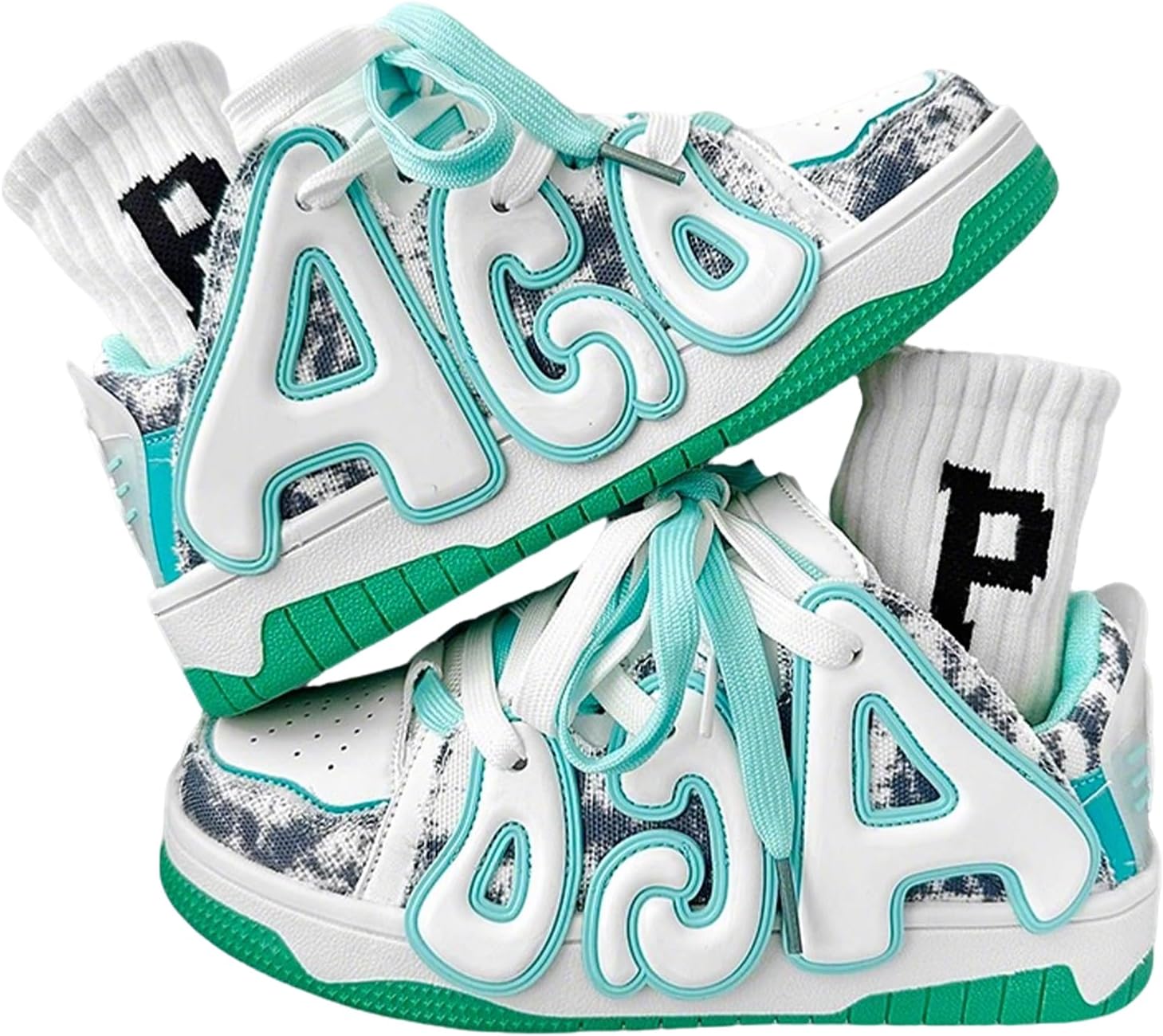 

Кроссовки на платформе ZQW Chunky унисекс для женщин и мужчин, шнуровка, дизайн с буквами, неоновый контрастный цвет, объемная форма, кеды для скейтборда и повседневной носки, белый/зеленый