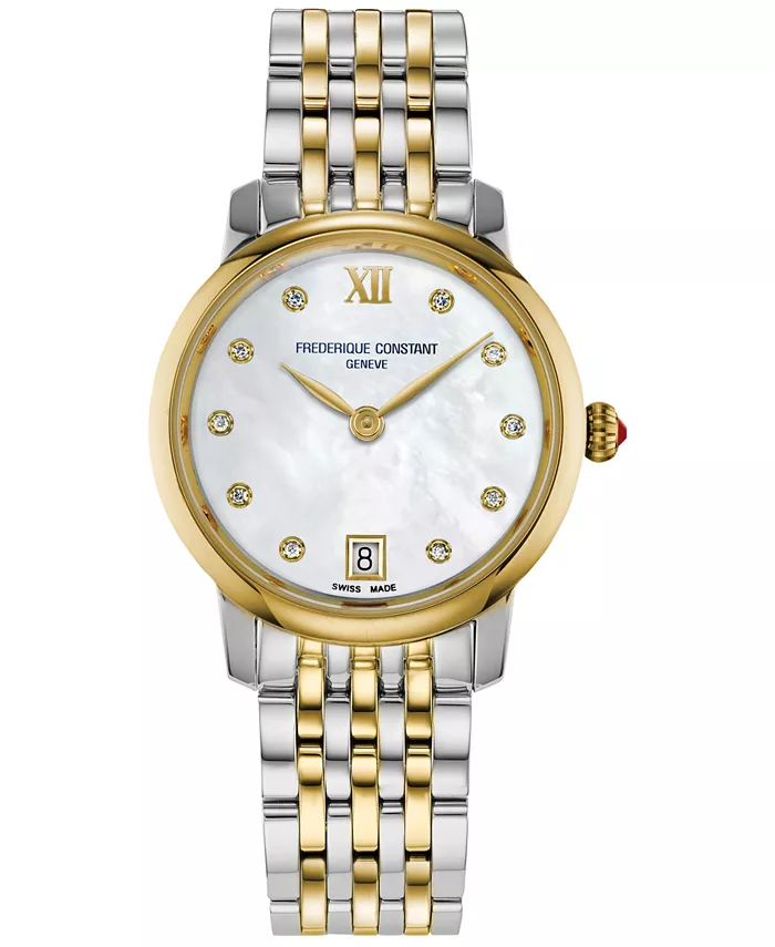 

Женские часы-браслет Swiss Slimline Diamond (1/20 ct. общ. вес) из двухцветной нержавеющей стали, 30 мм Frederique Constant
