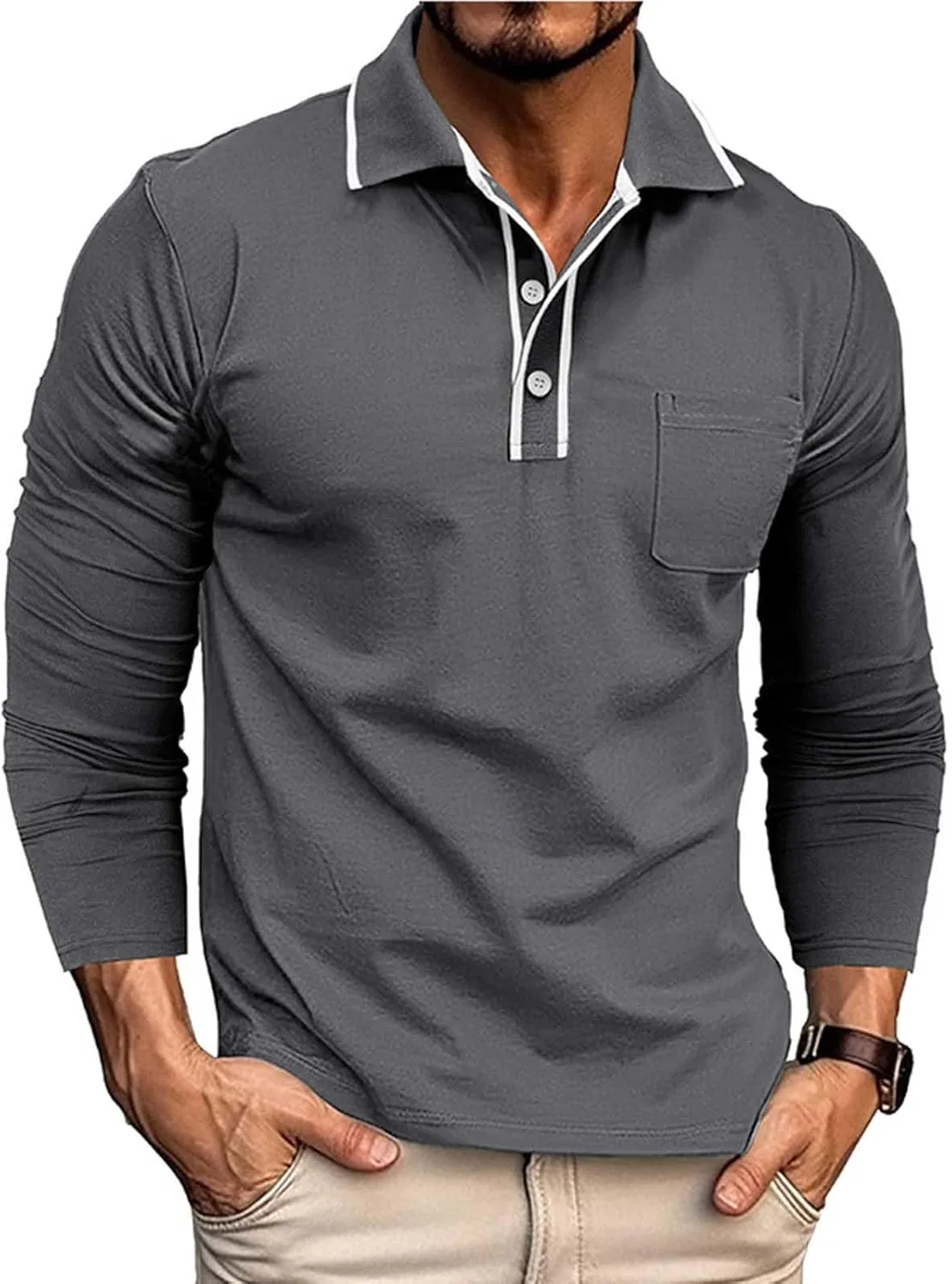 Мужская рубашка поло с длинным рукавом, с карманом, Dark Gray