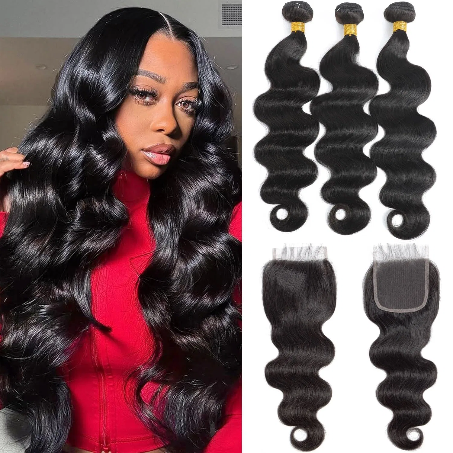 Накладные пряди Body Wave 10x10 см с кружевной застежкой из бразильских волос Fashion Vila, Natural Black