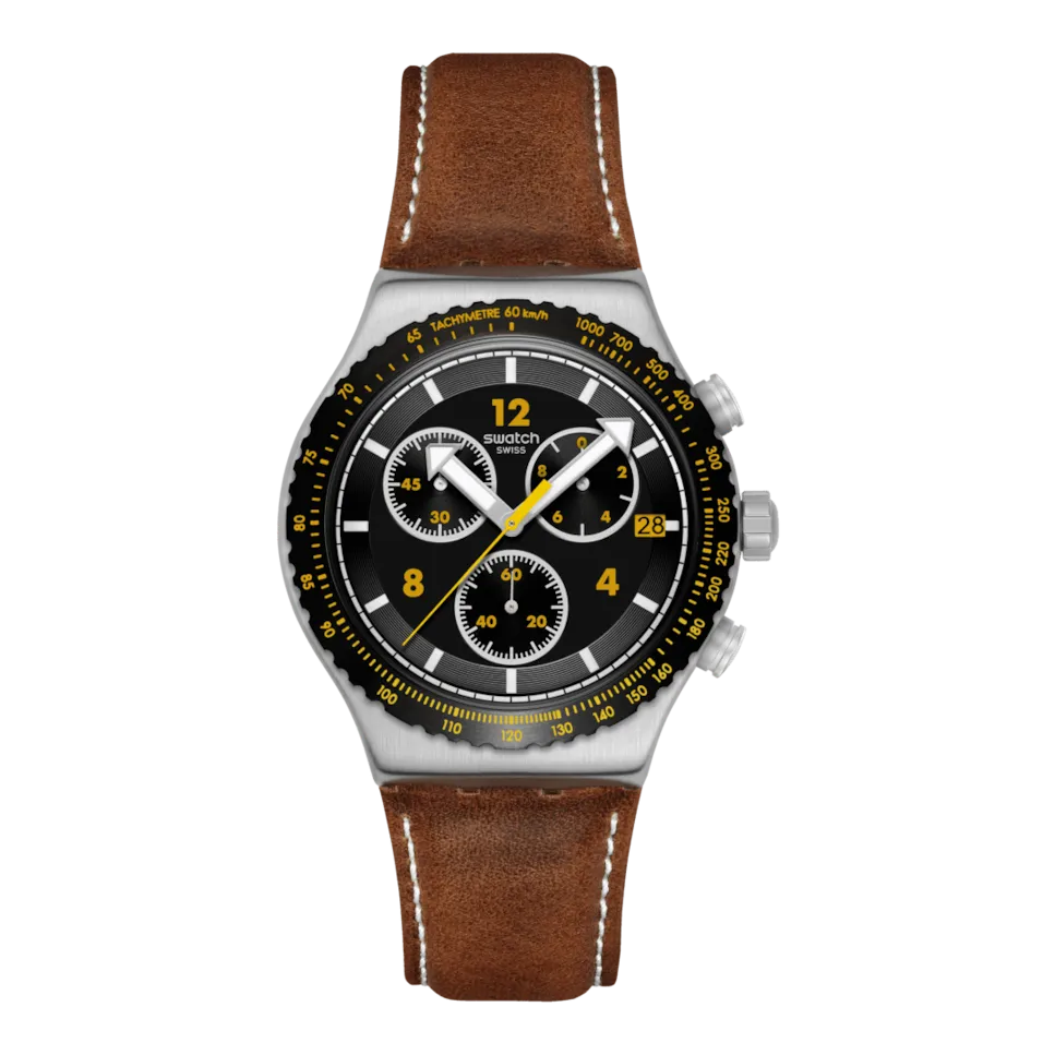 

Swatch CANYON CHASER черные часы с кожаным ремешком, черный