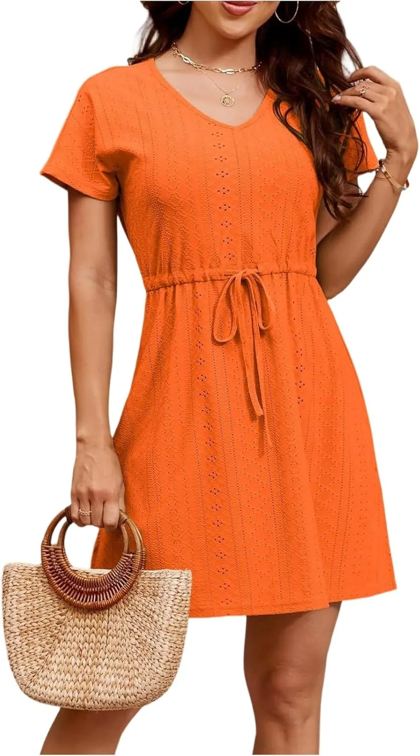 Короткие сарафаны для женщин 2025: пляжное платье-накидка для купания, платье с V-образным вырезом и перфорацией, короткие рукава, разрез на кулиске, струящееся мини-платье Generic, A006-Saffron