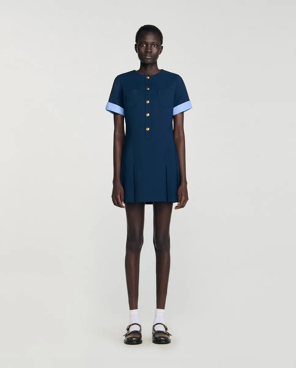 

Короткое плиссированное платье Sandro, темно-синий