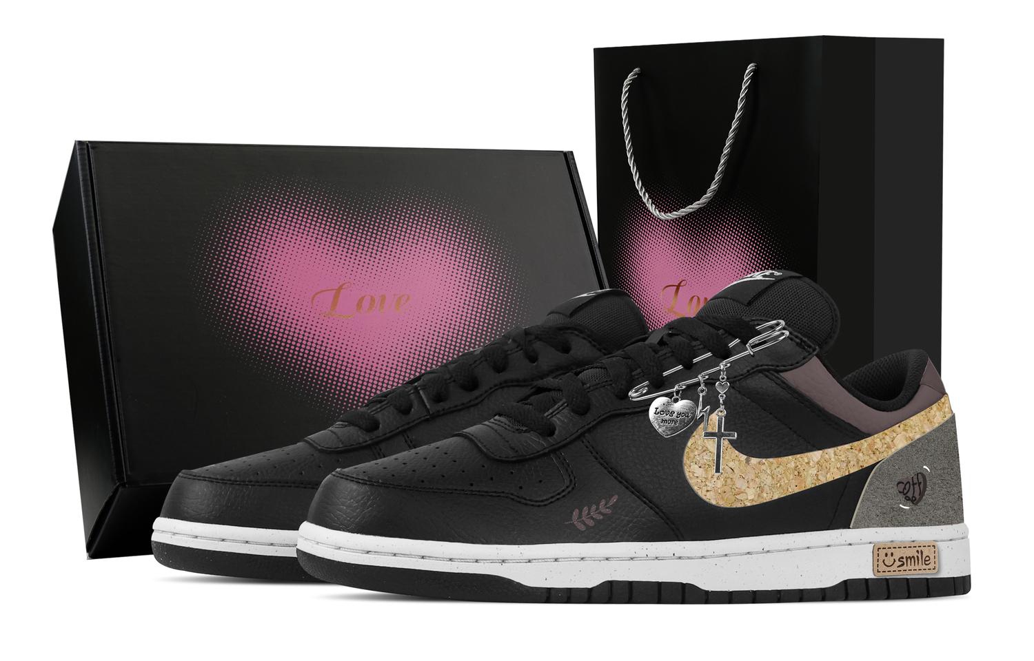 

Большой сердечный прикосновение, heart box устойчивые к истиранию дышащие низкие кроссовки для скейтборда men's black brown Nike, черный коричневый