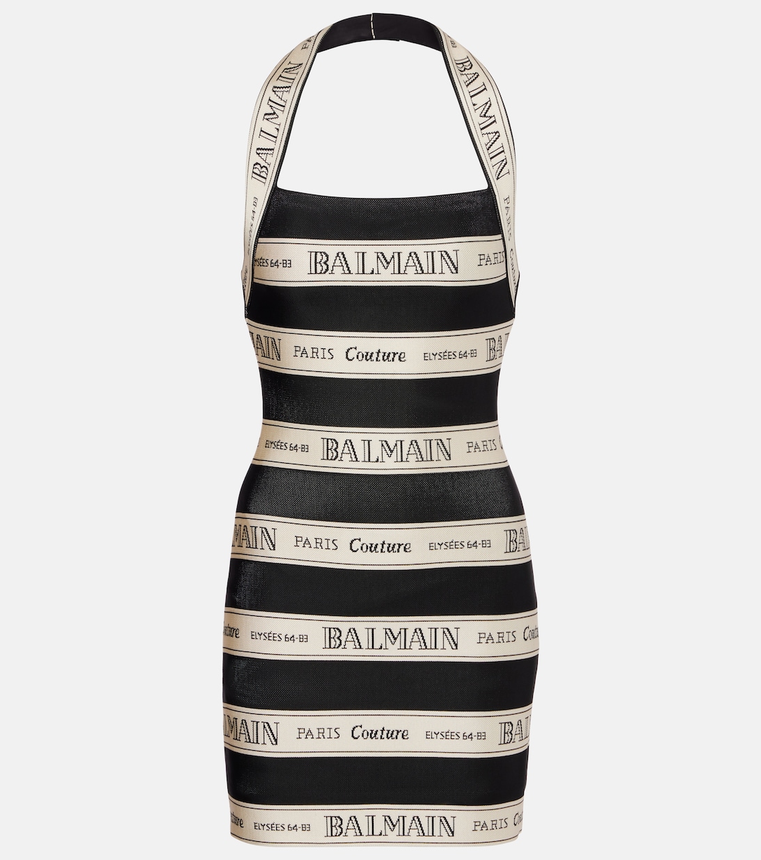 Мини-платье из жаккарда в полоску с вырезом халтер Balmain, Noir/Beige