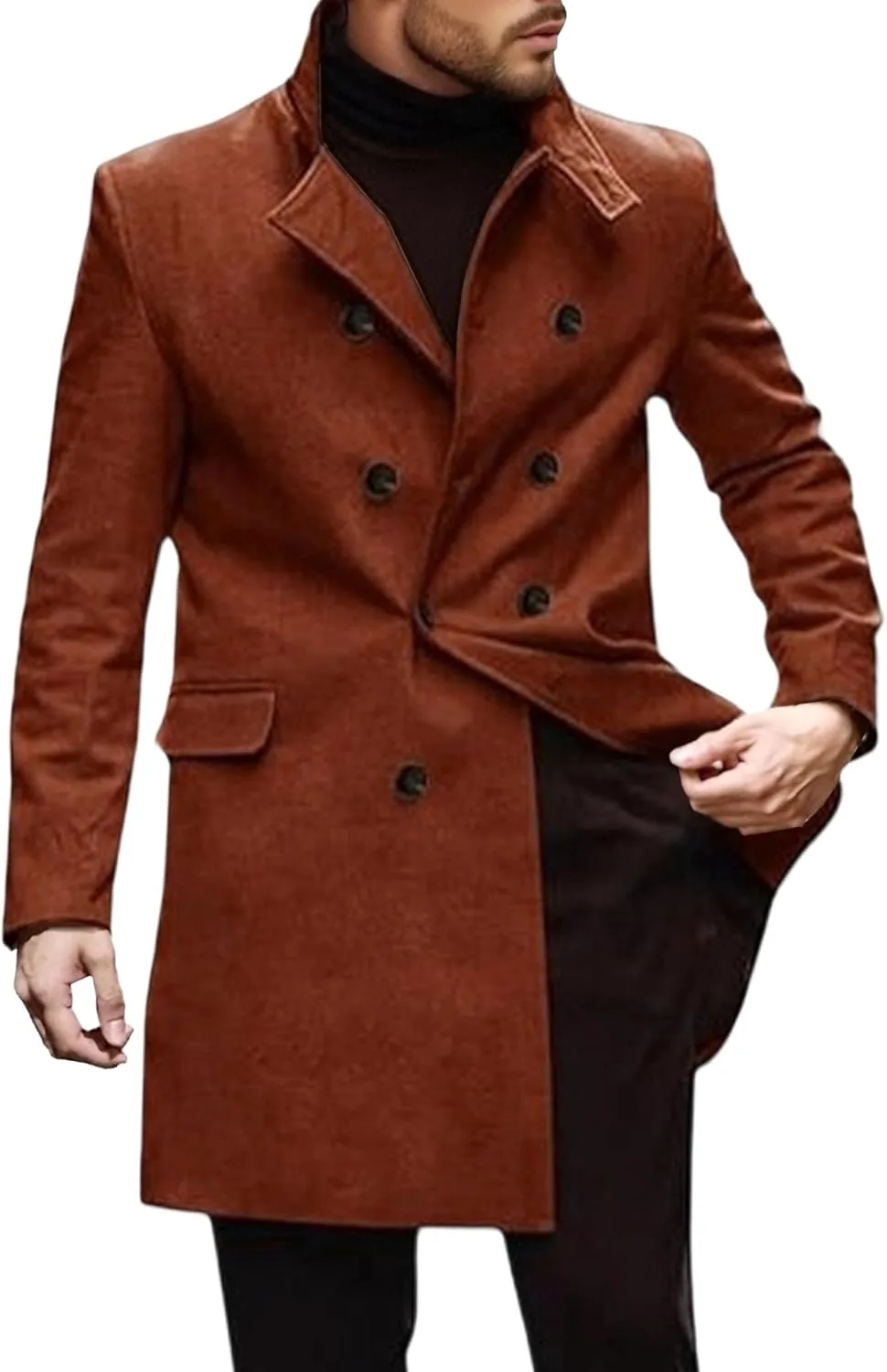 Мужское зимнее теплое пальто pea coat с вырезом лацканом длинное повседневное пальто из шерстяной смеси Generic, коричневый