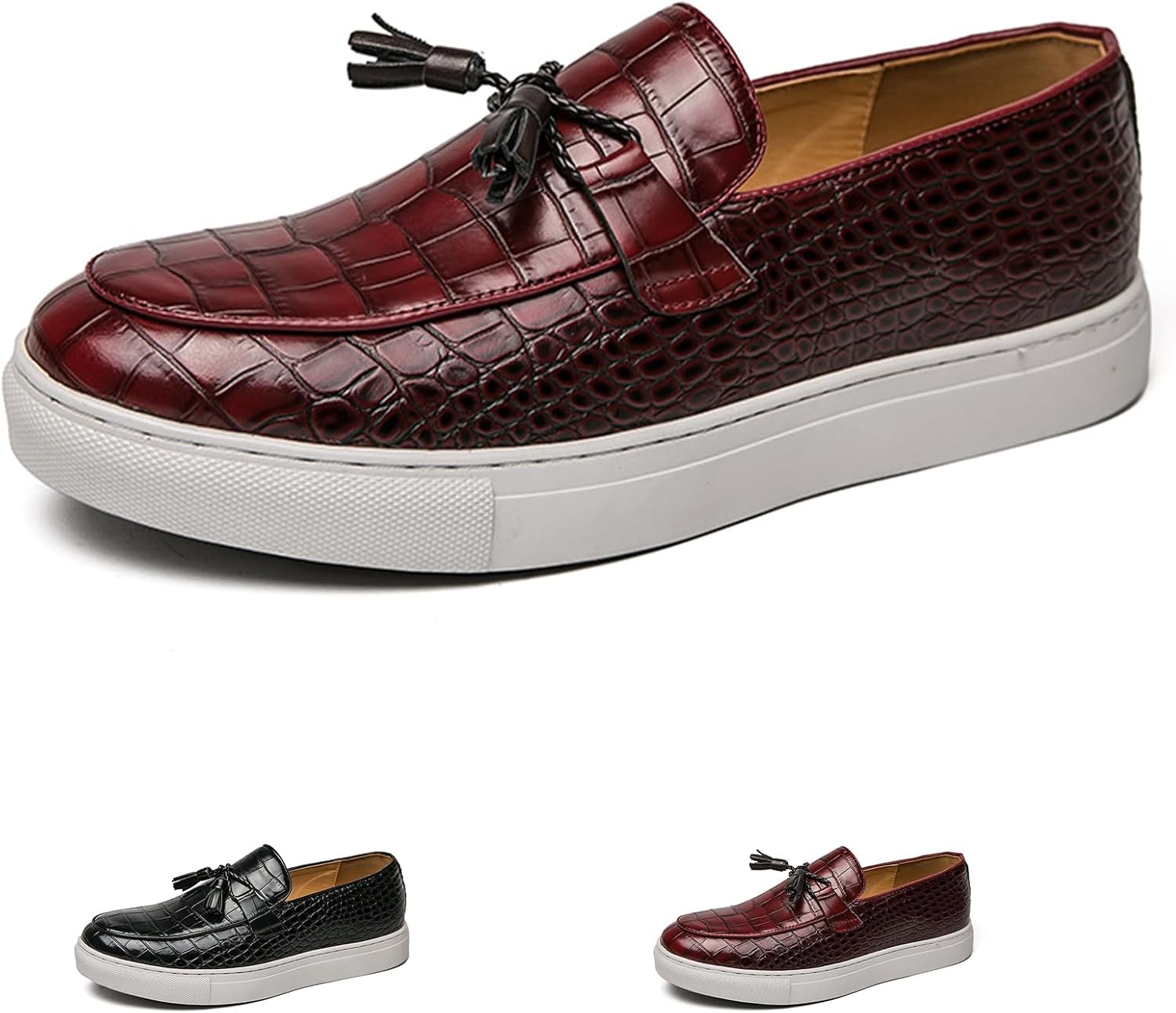 

Мужские кожаные лоферы с кисточками, мужские кожаные плоские лоферы без шнурков для комфортной носки, классические лоферы с тиснением под аллигатора и толстой подошвой для мужчин Dhaey, красный