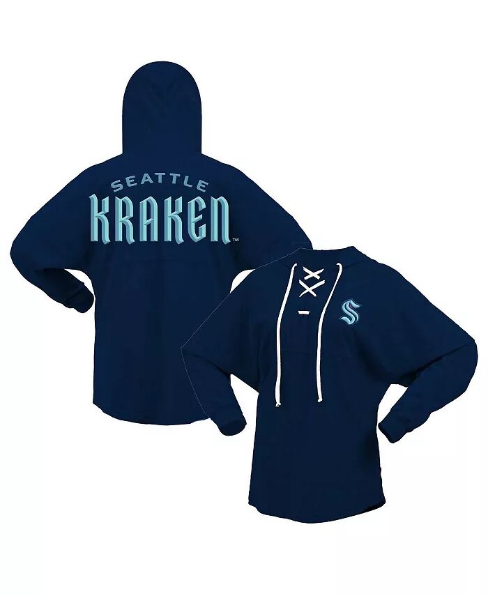 

Женская футболка-толстовка с капюшоном цвета морской волны Seattle Kraken Jersey с длинным рукавом и V-образным вырезом на шнуровке Fanatics