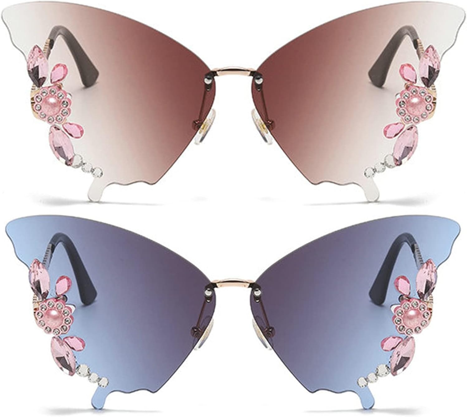 

willochra Роскошные дизайнерские солнцезащитные очки с бриллиантами в форме бабочки для женщин, модные очки без оправы со стразами для вечеринок, милые уличные очки, 2pcs-black&brown