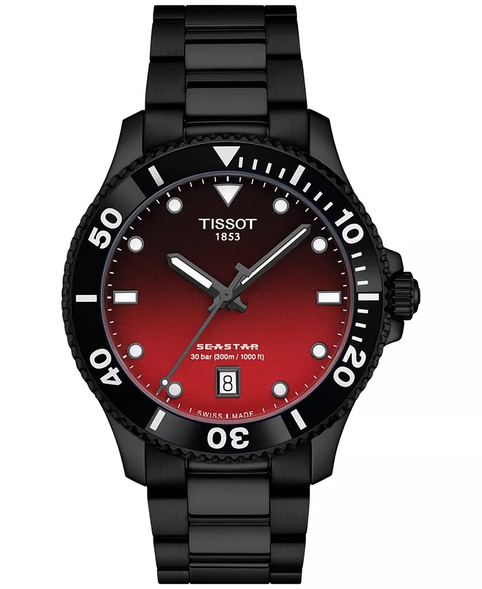 

Мужские часы Swiss Seastar 1000 с черным PVD-покрытием на стальном браслете, 40 мм Tissot