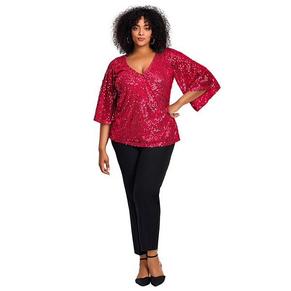 

Женский топ с пайетками и запахом, plus size Avenue, Vibrant Red Sequin