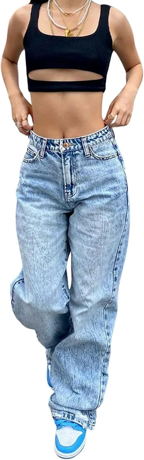 

Женские джинсы loveimgs с высокой талией, широкие, в стиле baggy, с потертостями и расклешенным низом