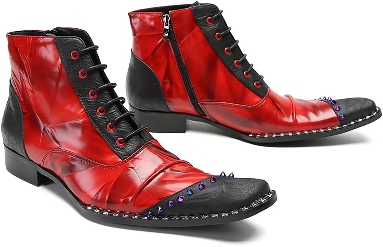 

Мужские ковбойские ботинки Santimon, повседневные, для вечеринок, оксфорды, кожаные, вестерн с цветными бусинами, ботинки на молнии до щиколотки, красный/черный