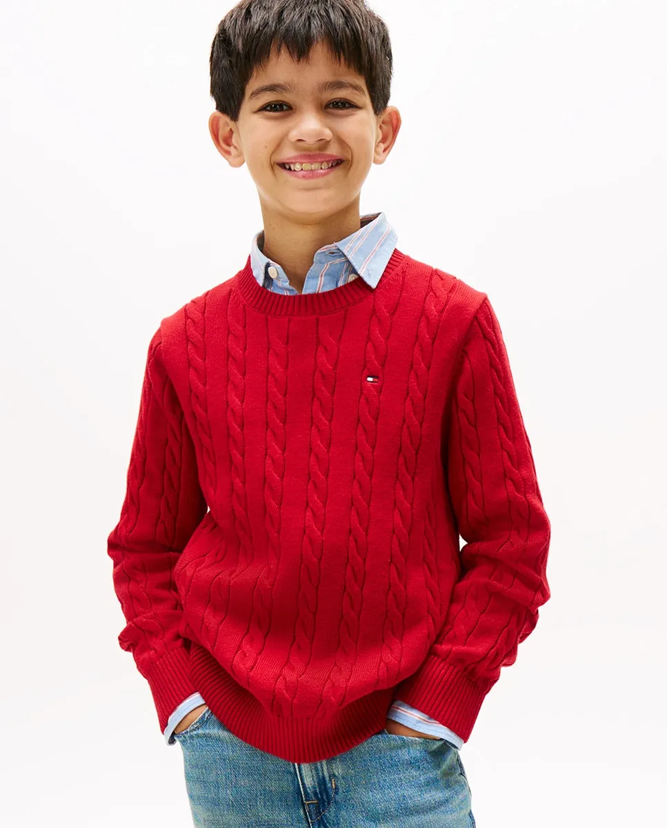 

Детский свитер с косами и круглым вырезом Tommy Hilfiger, красный