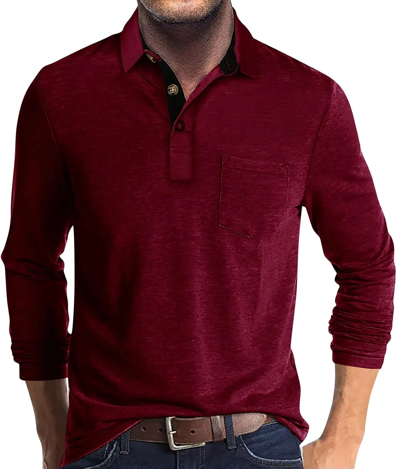 

Мужская поло с длинным рукавом, Casual, с карманами FULILYEO