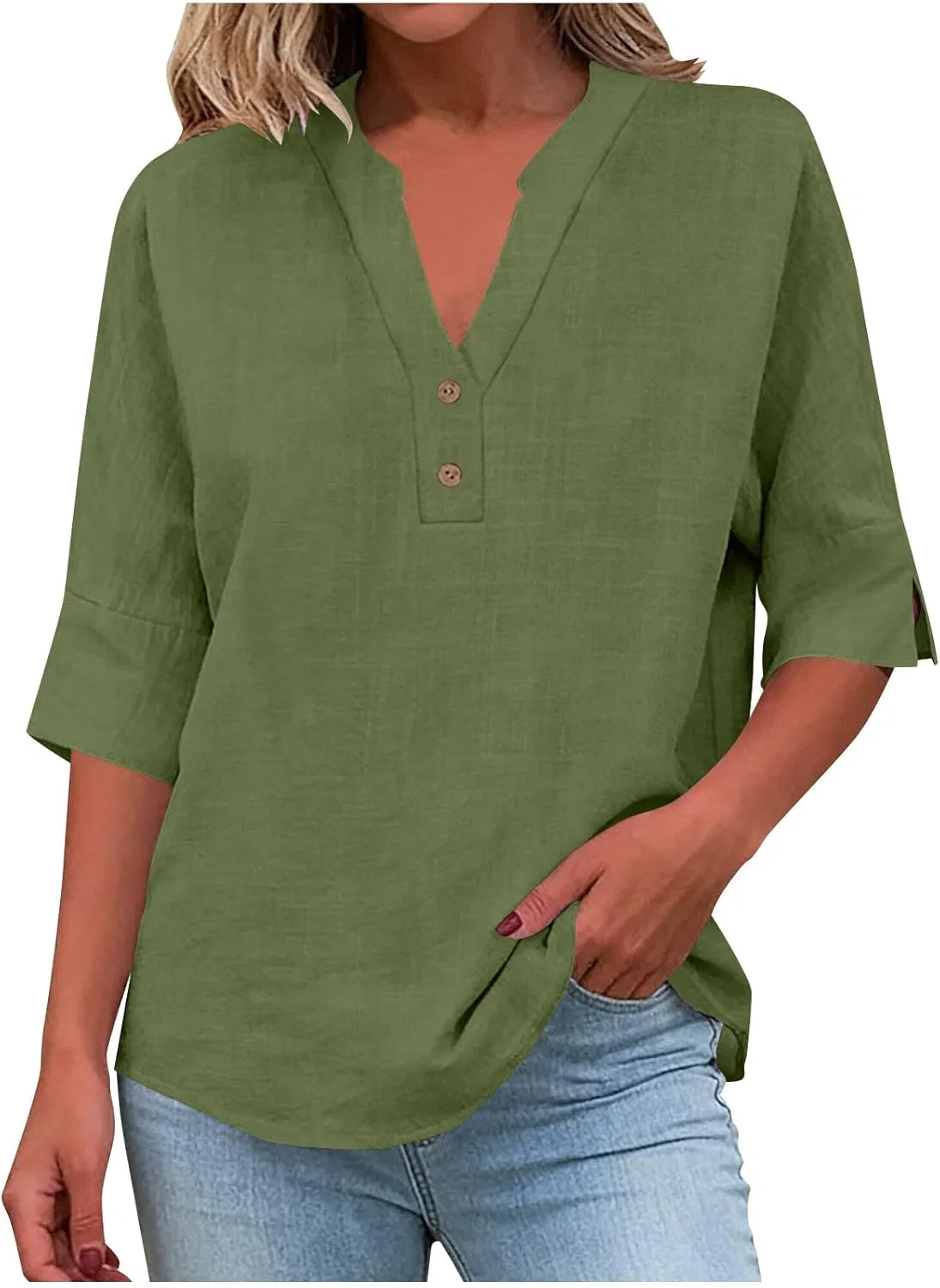 Блуза женская с коротким рукавом, Cotton Linen, Army Green