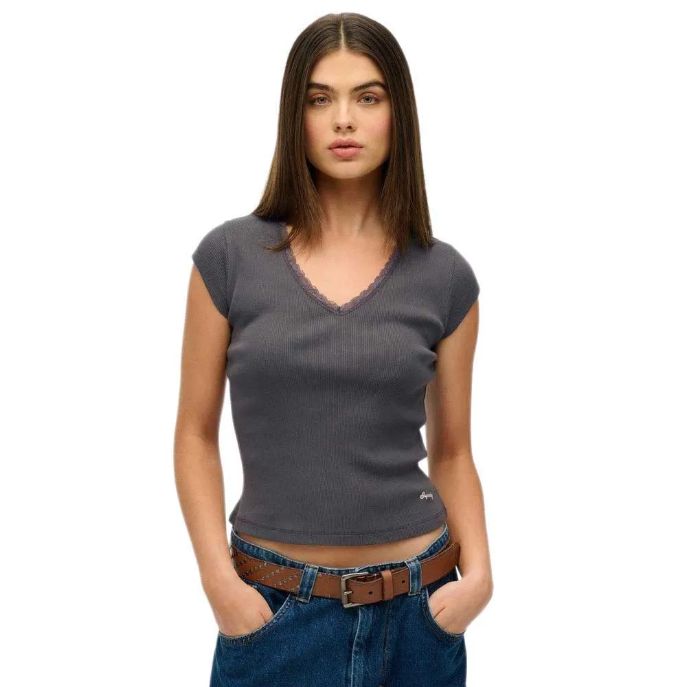 

Футболка Superdry Essential Lace short sleeve v neck, серый
