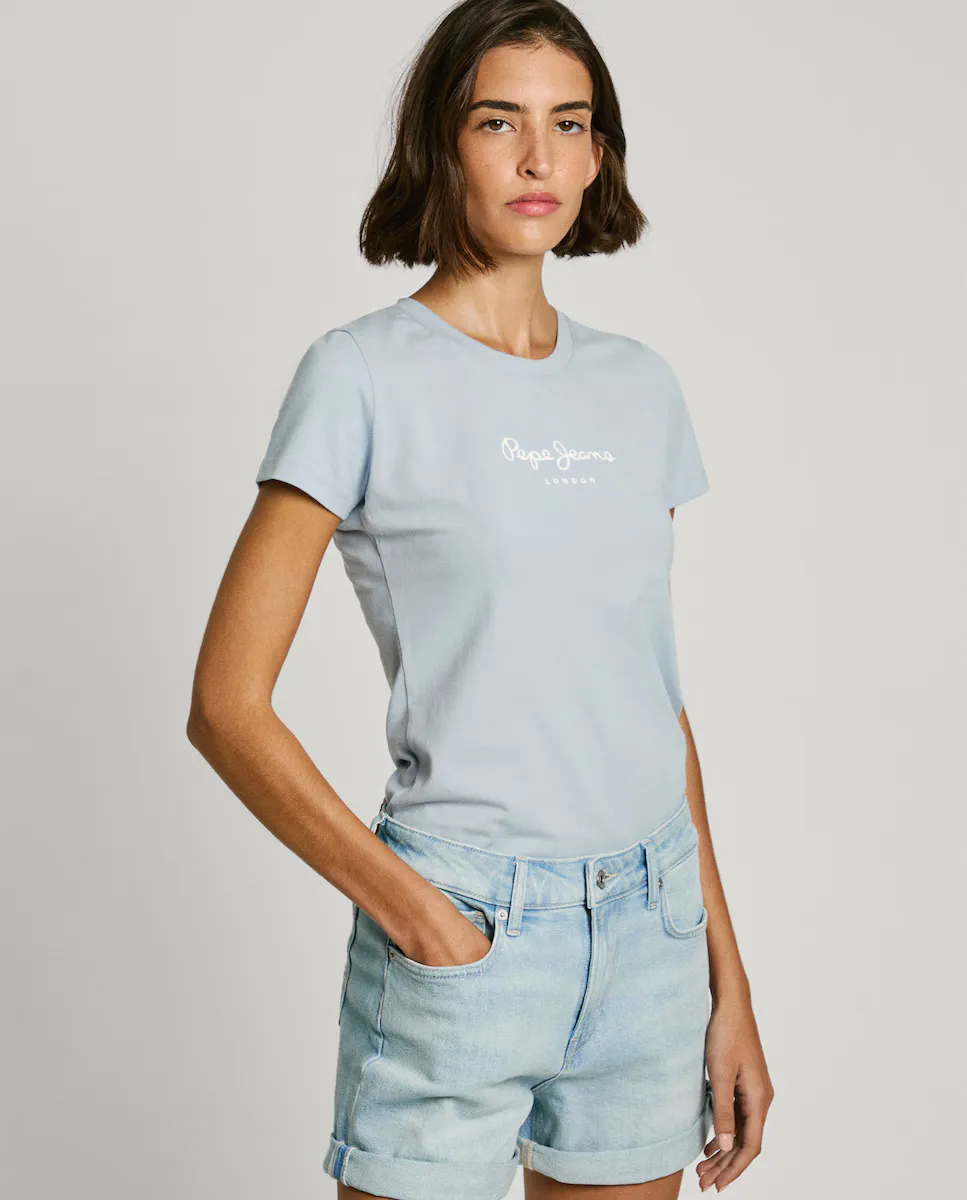 

Женская облегающая футболка с напечатанным логотипом Pepe Jeans, голубой