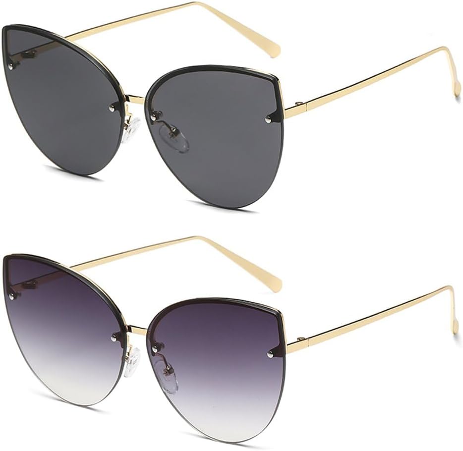 

2 шт. Солнцезащитные очки «кошачий глаз» без оправы, большие, с градиентными линзами, модная металлическая оправа, женские и мужские, с защитой от УФ-излучения UV400 KTUCN, 4