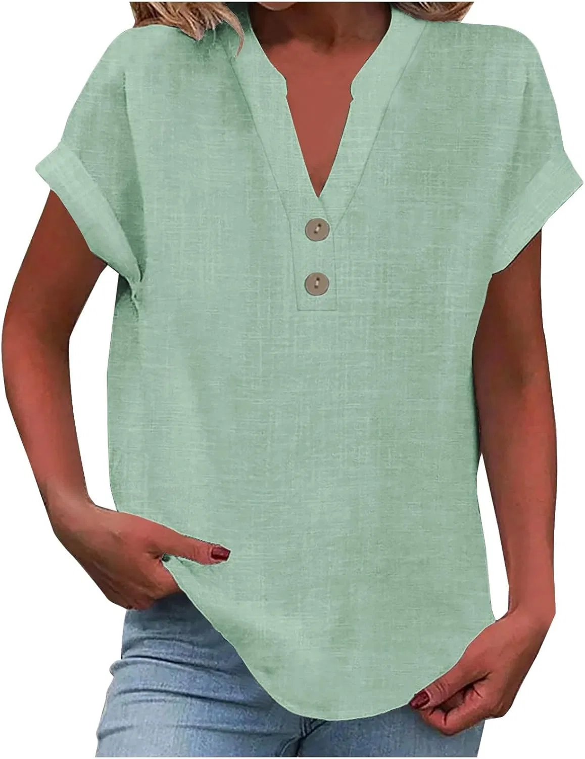Блуза с V-образным вырезом, короткий рукав, GENERIC, Mint Green