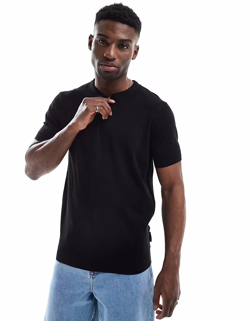 

Трикотажная рубашка-поло с короткими рукавами и застежкой-молнией French Connection черного цвета French Connection Mens