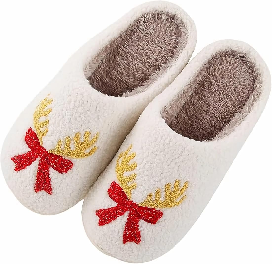 

Рождественские тапочки с Санта-Клаусом и оленями - мягкие плюшевые уютные домашние тапочки для женщин и мужчин, для дома и улицы Qubuwalk, Christmas Bow