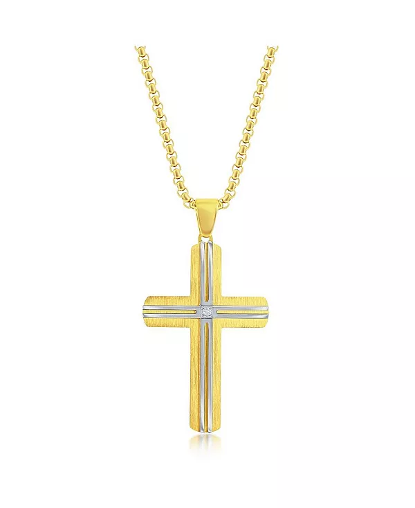 

Мужское ожерелье из нержавеющей стали с одним фианитовым крестом и золотой и серебряной отделкой Metallo, gold