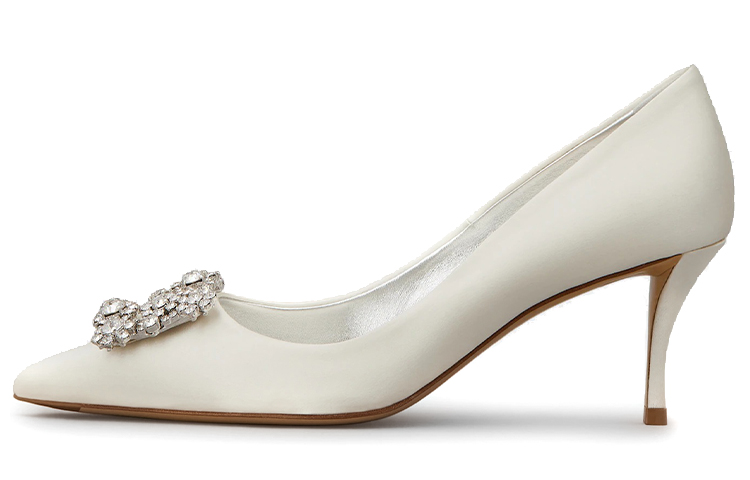 Футболка со стразами "Цветок" на тонком каблуке высотой 6,5 см женская бежево-желтая Roger Vivier — фото 2