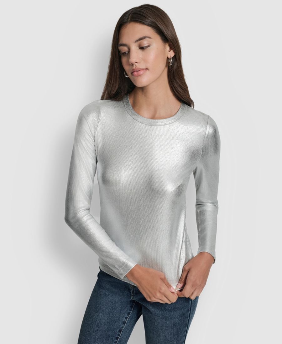 

Женская футболка с длинными рукавами и круглым вырезом в рубчик с фольгированным покрытием DKNY Jeans, Silver