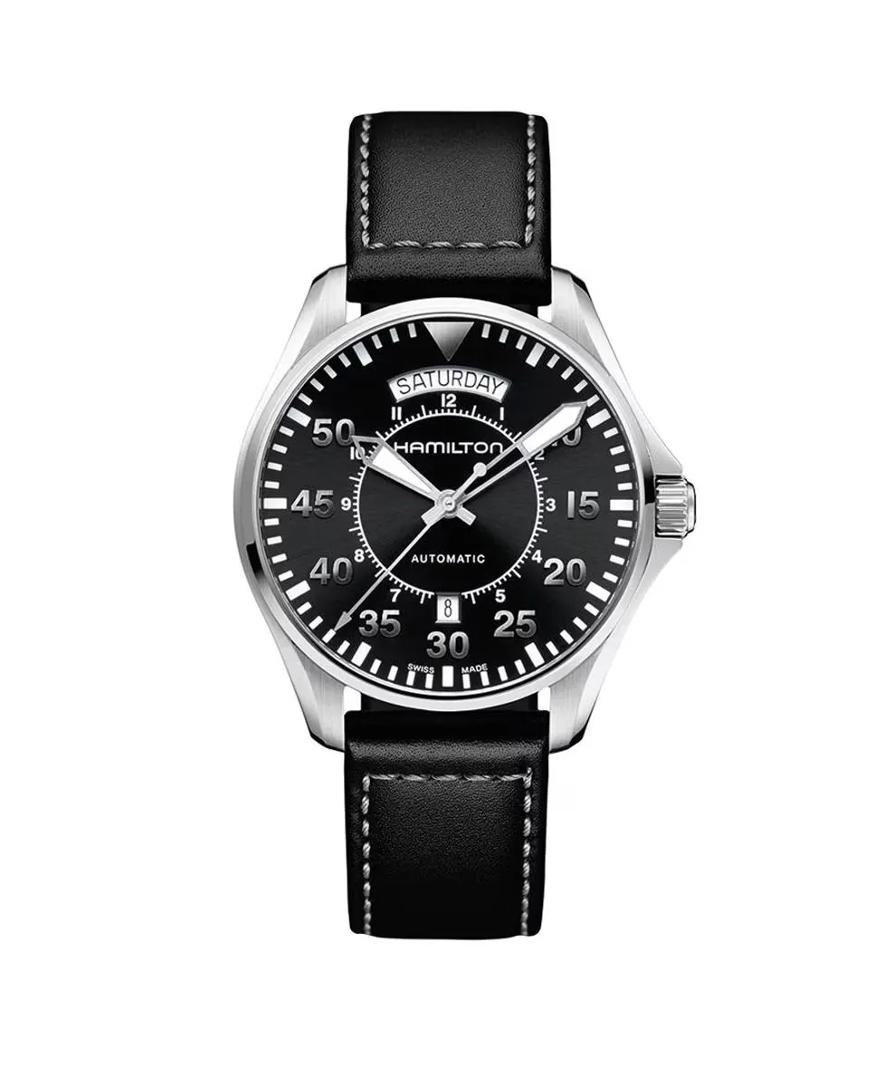 

Хаки Aviation Pilot Day Date 42 мм Автоматические мужские часы H64615735 с календарем и кожаным ремешком Hamilton, черный