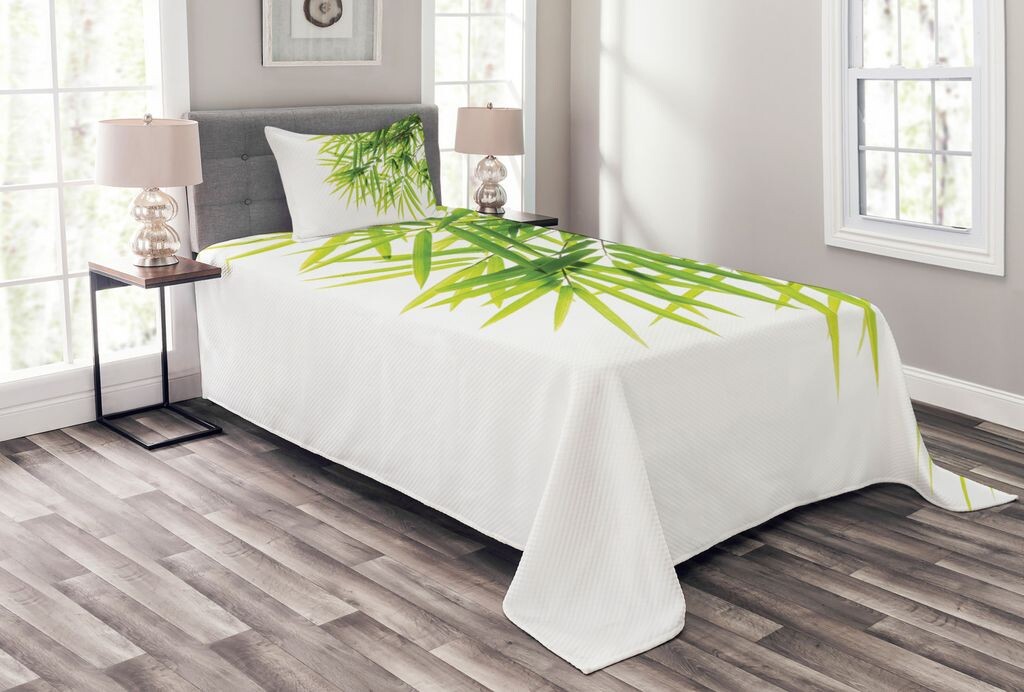 

ABAKUHAUS Зеленый комплект покрывала, Bamboo Leaf Peace, комплект с моющимися наволочками, для односпальных кроватей 170 x 220 см, зеленый белый