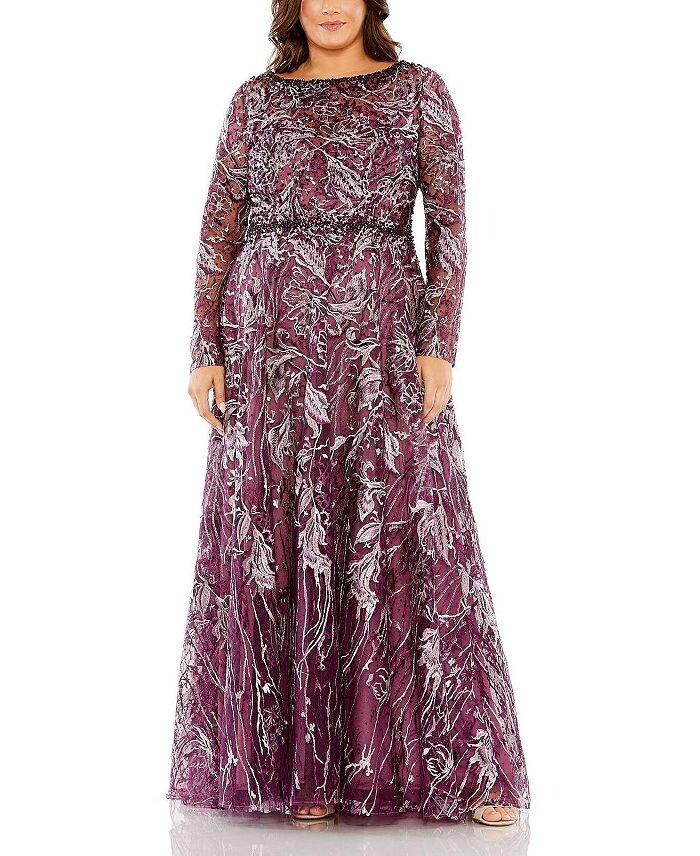 

Платье больших размеров Mac Duggal с длинными рукавами, высоким воротником, вышивкой и бисером, фиолетовый