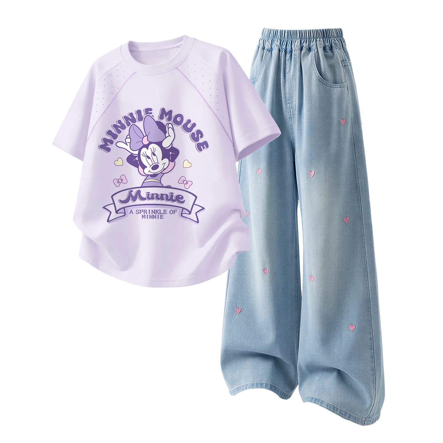 Детская повседневная спортивная футболка с круглым вырезом Disney, Di B Letter Smile K Hyacinth Purple+Solid Color Denim Light Blue — фото 4