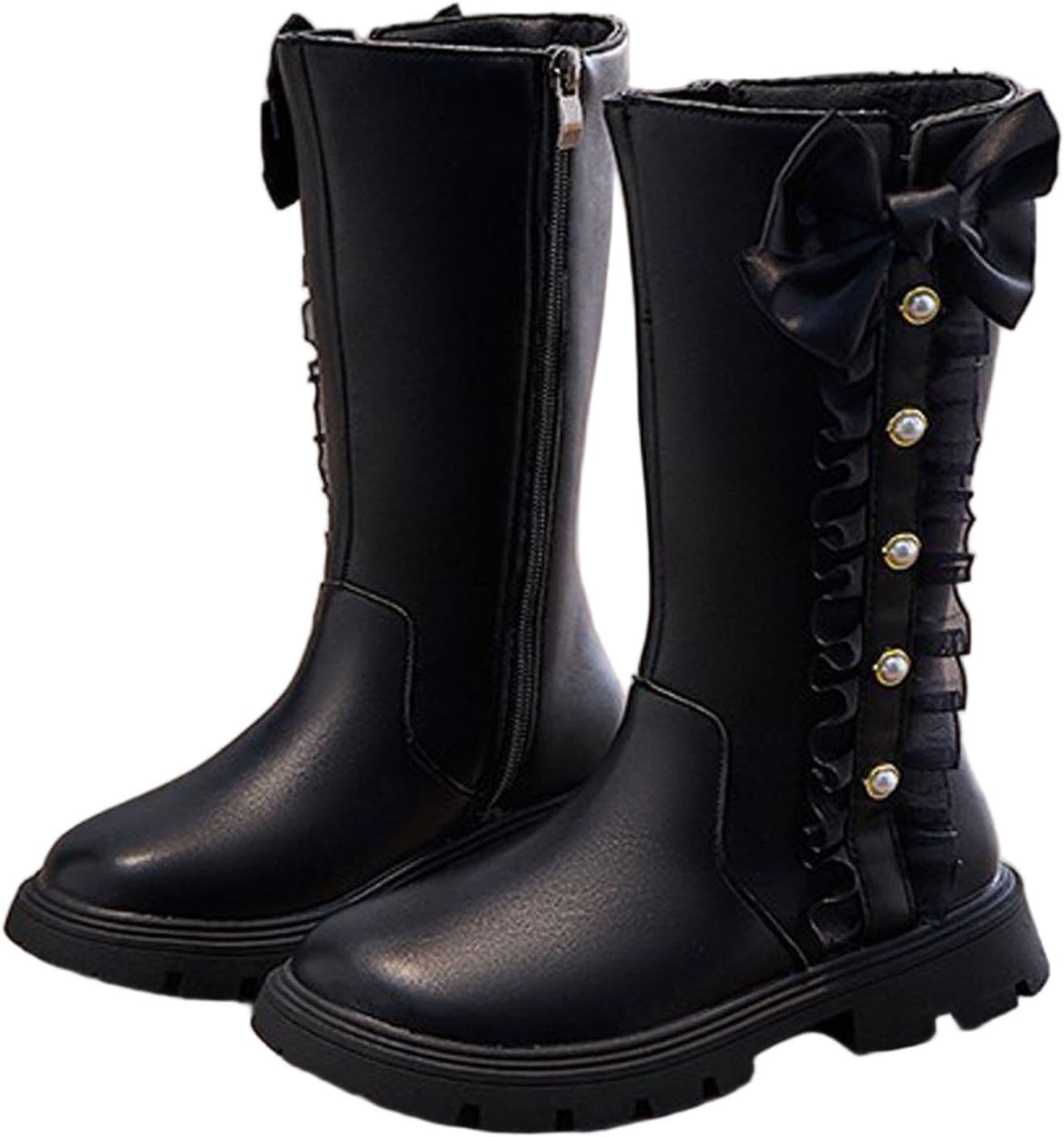 

Готические боевые ботинки для девочки с бантом, комбинированные с сеткой и кожей, зимние/осенние ботинки с боковой молнией, из ПУ-кожи, для верховой езды Generic, Black