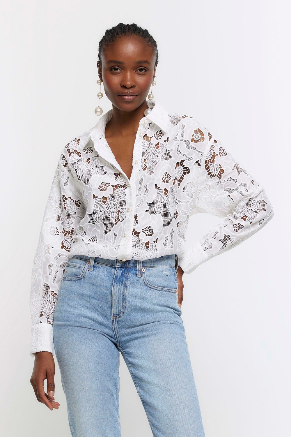 

Кружевная рубашка оверсайз River Island, белый
