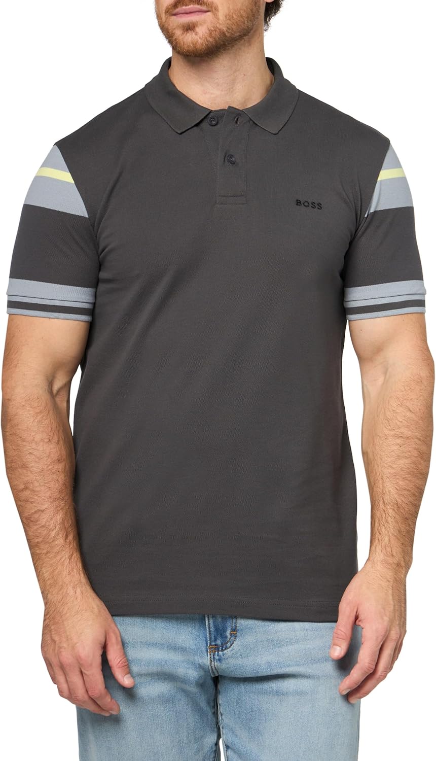 

BOSS Мужская поло с полосатыми рукавами из интерлок-хлопка, Asphalt
