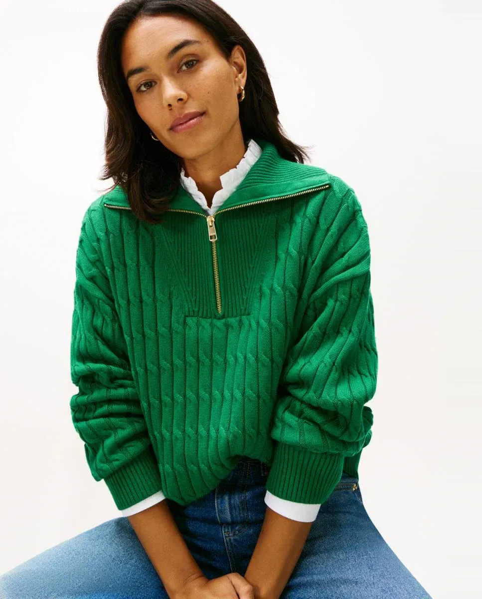 Женский свитер с аранами и короткой молнией Tommy Hilfiger, зеленый — фото 3