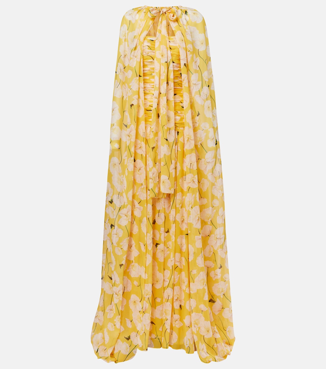 

Шелковое платье с накидкой и сборками Carolina Herrera, White Multi