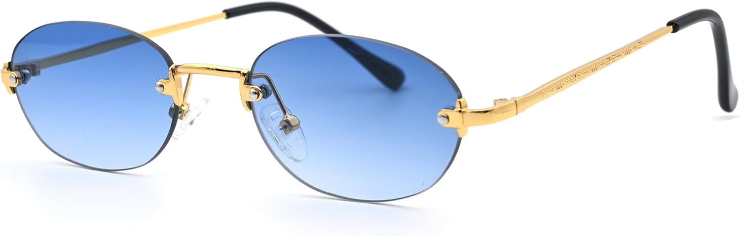 

Солнцезащитные очки Onrtry Retro Small Oval для женщин и мужчин, модные солнцезащитные очки без оправы, винтажные узкие очки, дизайнерские солнцезащитные очки в стиле Y2K, A05 Gold/Blue