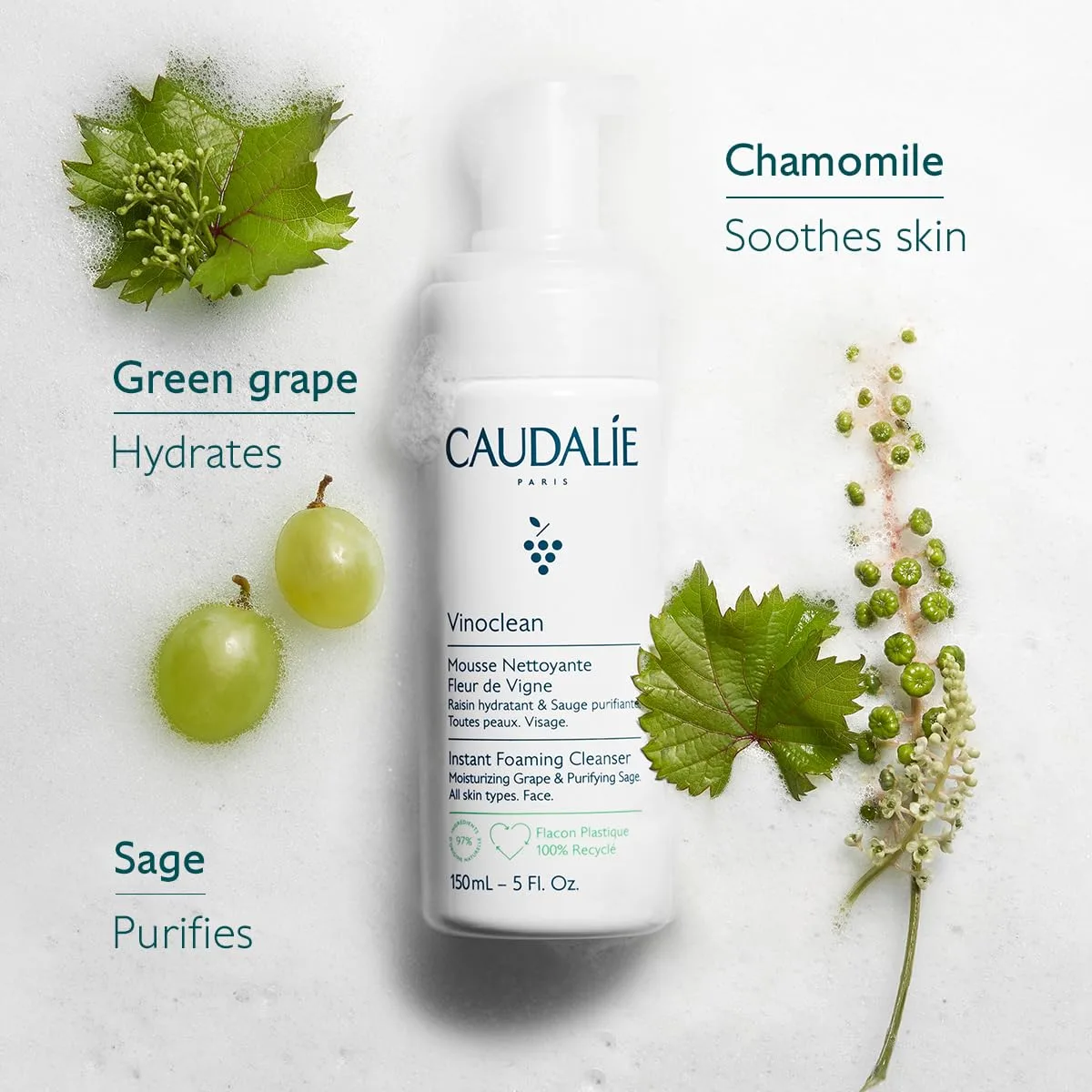 Гель для умывания Caudalie — Мягкое пенящееся очищающее средство для лица Vinoclean для всех типов кожи ( .), 169 мл — фото 3