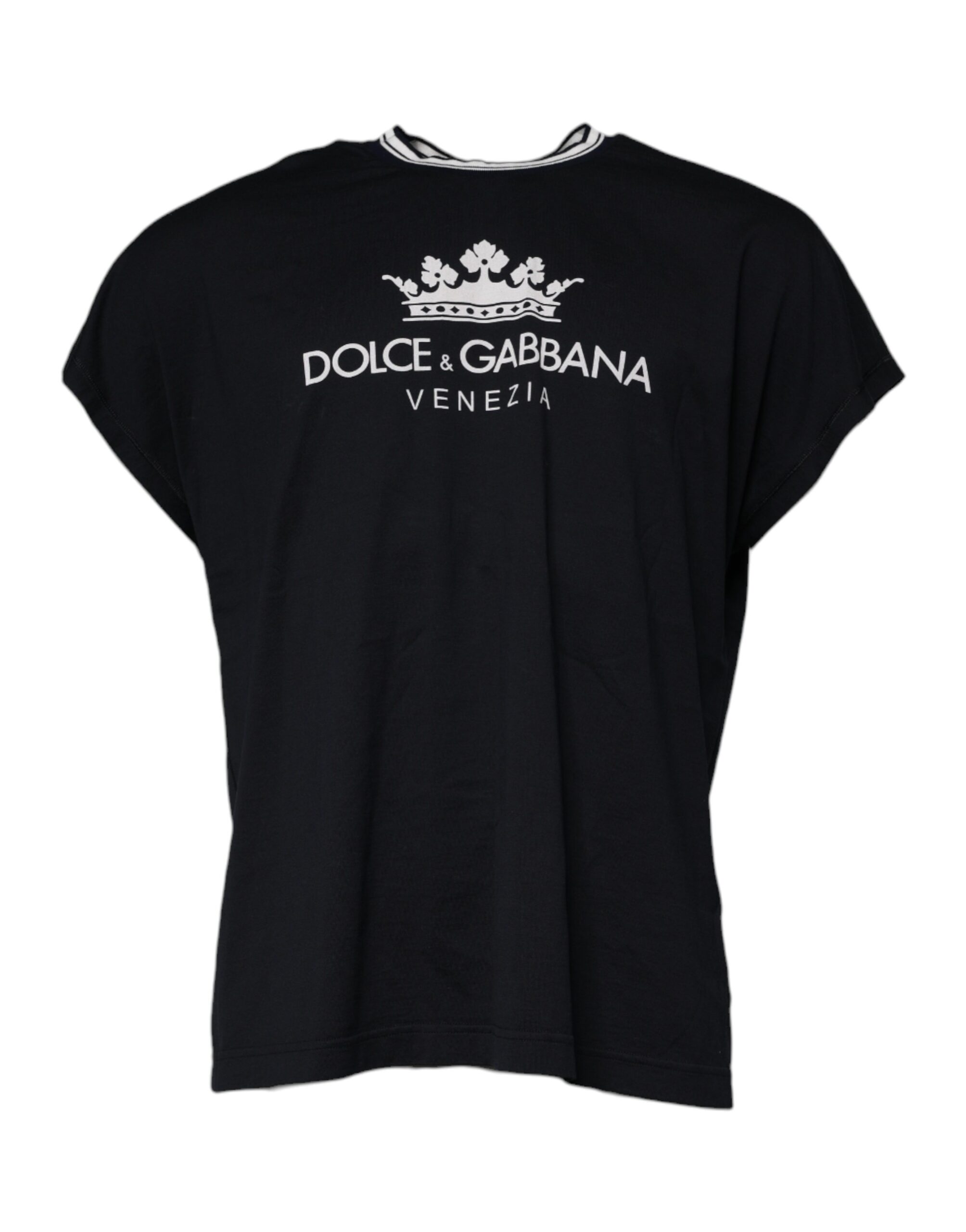 Темно-синяя хлопковая футболка с круглым вырезом и логотипом Crown Dolce & Gabbana