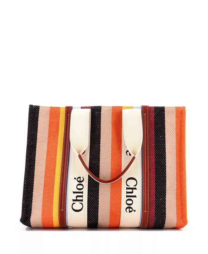 

Большая деревянная сумка-тоут из полосатого льна Pre-Owned Chloe, коричневый/бежевый