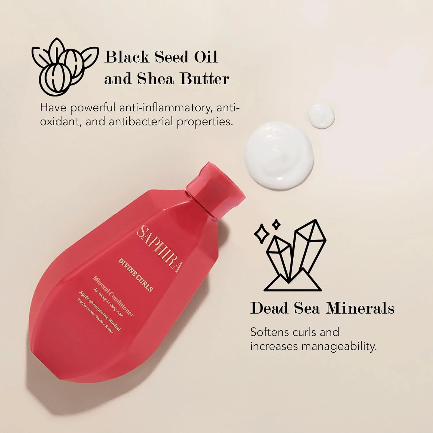 Минеральный кондиционер Saphira Divine Curls с минералами Мертвого моря - для формирования локонов на волнистых и кудрявых волосах - увлажнение и упругость - профессиональный уход за волосами 250 мл 251 мл (.), Black — фото 4