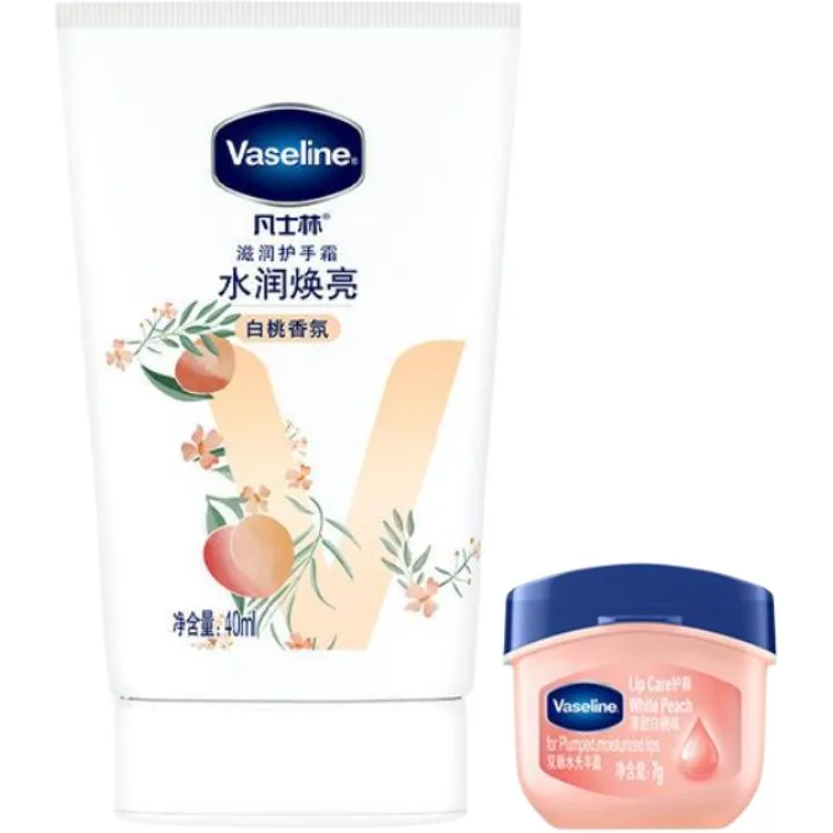 Vaseline Набор для увлажнения и ухода за кожей с успокаивающим эффектом 100 мл+7 г, Two-Piece Set: White Peach Hand Cream 40ml+White Peach Lip Balm 7g