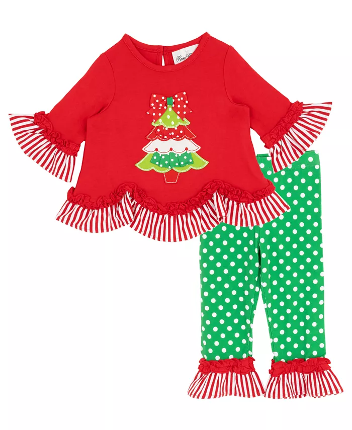 

Детский комплект для девочки: топ с аппликацией в виде праздничной елки и леггинсы в горошек Rare Editions, мультиколор