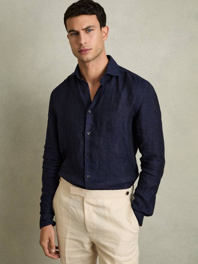 

Рубашка Ruban из льна с пуговицами по всей длине Reiss, Navy