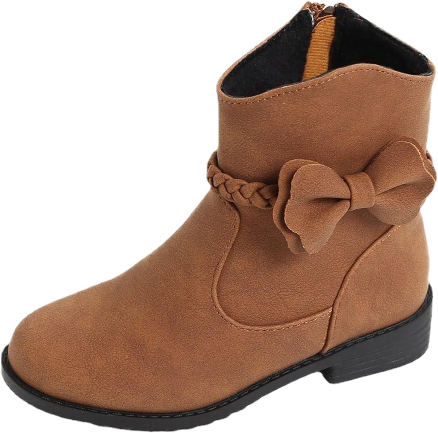 

Generic Девочковые ботинки с бантом, плетеной отделкой и боковой молнией, вестерн-стиль, детские ботинки до щиколотки, низкий каблук, на молнии (коричневые, 10,5-11 лет)