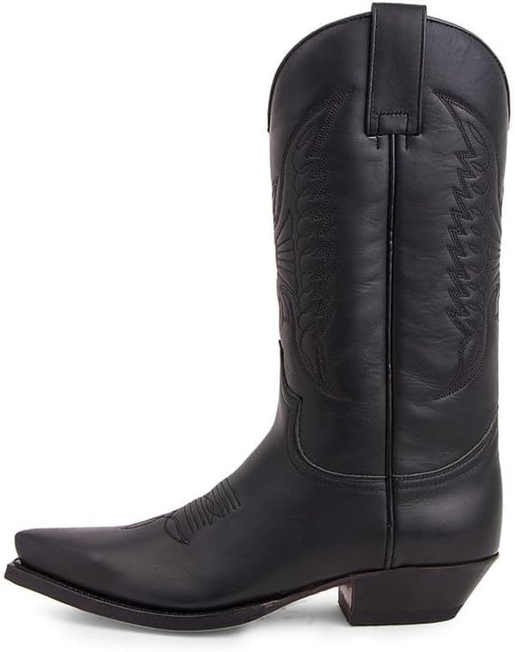 

XBTEVUDAK Мужские ковбойские сапоги, заостренный носок, винтажный квадратный носок, массивный каблук, средние по голени кожаные вестерн-сапоги, черный